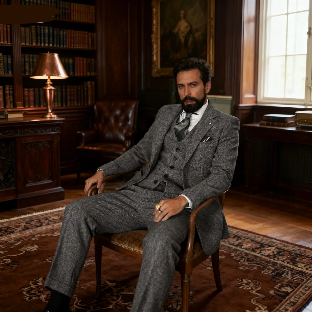 Men's Winter Tweed Wool Grey Slim Fit Formal Wedding Terno Fishbone 3 Piece Smoking Suit Male Ternos Ca - Image 2