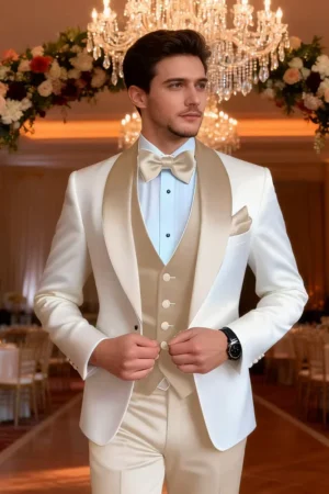 Solid Color Slim Fit Men's Tuxedo 3-Piece Set Fashion Business Wedding Suit with Shawl Lapel Blazer Vest Pants for Groom Party