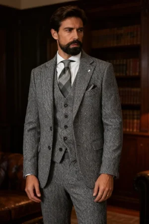 Men's Winter Tweed Wool Grey Slim Fit Formal Wedding Terno Fishbone 3 Piece Smoking Suit Male Ternos Ca