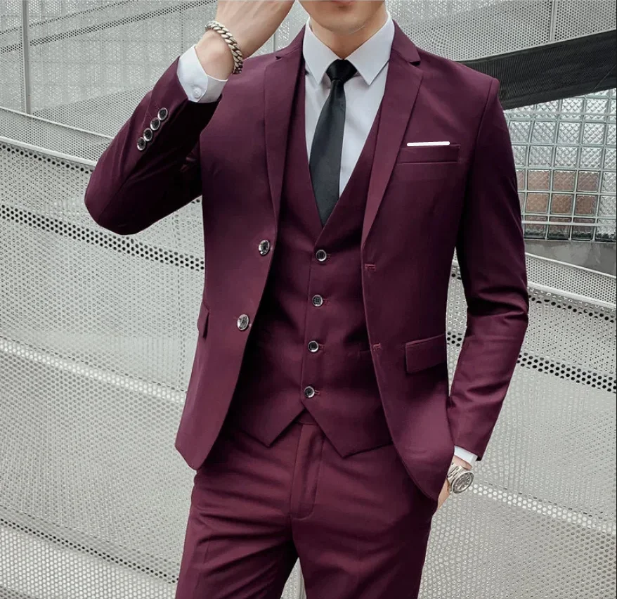 Suit (Blazer+ Vest + Trousers) Men's Fashionable Gentleman Business British Style Solid-color Banquet Host Casual Wedding Suit - Image 6