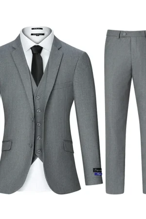 3pcs Men's Classic Solid Color Suit Set Long Sleeve Blazer with Button Details Non-Stretch Fabric Regular Fit for All Seasons