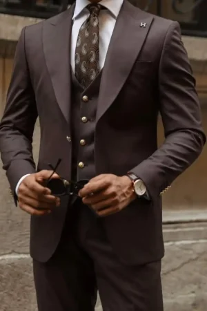 Slim Fit Chocolate Brown Three Piece Men’s Suit with Peak Lapels