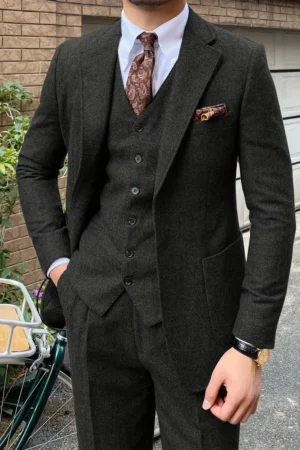 Elegant 3pcs Men's Tweed Suits Wool Blend Herringbone Western Vintage Wedding Formal Events (Jacket+Vest+Pants)