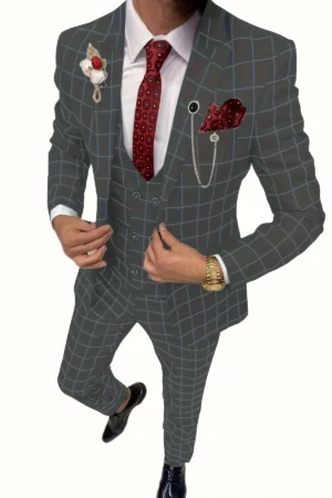Elegant Men's Suit 3 Pieces Plaid Tuxedos Business Suits Slim Fit Double Breasted for Wedding Business (Blazer+vest+Pants)