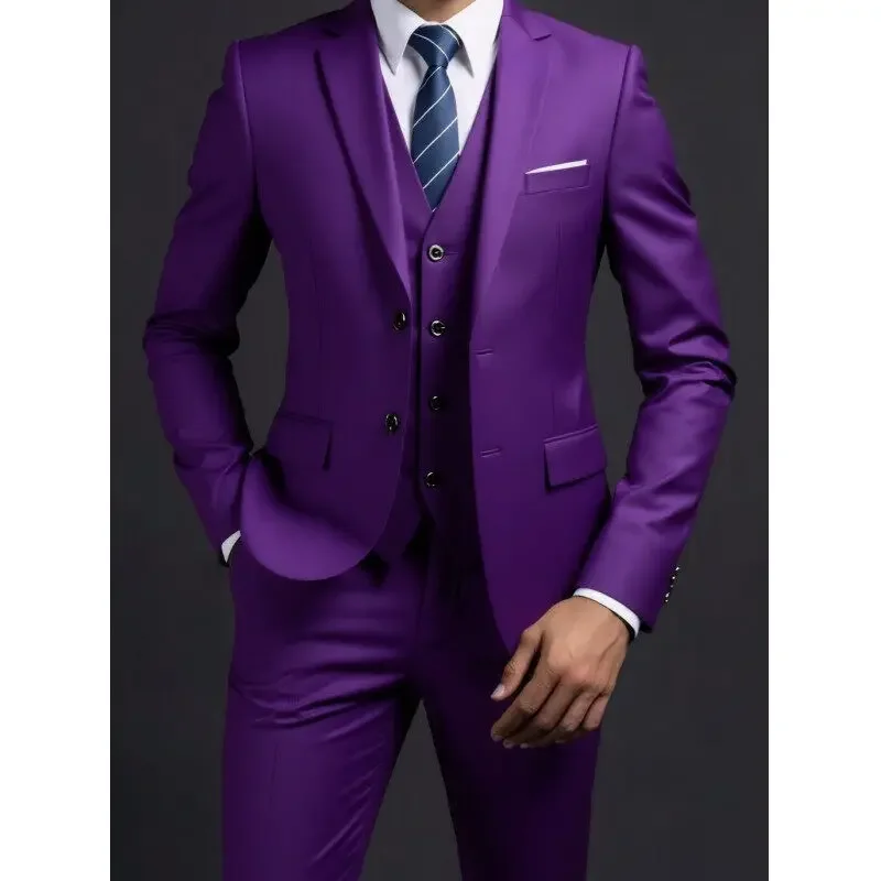 Suit (Blazer+ Vest + Trousers) Men's Fashionable Gentleman Business British Style Solid-color Banquet Host Casual Wedding Suit - Image 2
