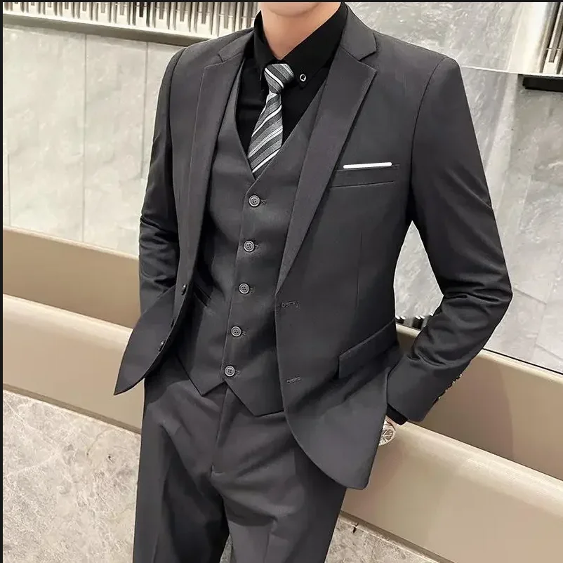 Suit (Blazer+ Vest + Trousers) Men's Fashionable Gentleman Business British Style Solid-color Banquet Host Casual Wedding Suit - Image 5