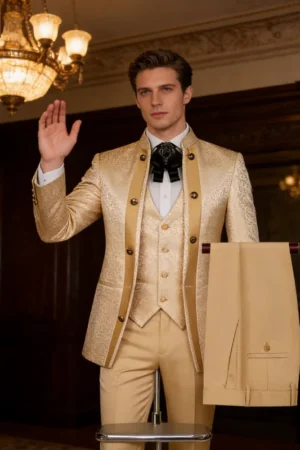 Men's Chinatown Style Slim Fit 3-Piece Woolen Suit No-Collar Business Formal Wedding Terno Masculino