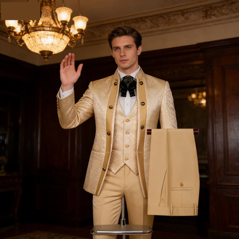 Men's Chinatown Style Slim Fit 3-Piece Woolen Suit No-Collar Business Formal Wedding Terno Masculino