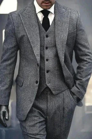 3 Pieces Men's Grey Herringbone Suits Formal Slim Fit Peak Lapel Tweed Prom Tuxedos for Wedding Groomsmen (Blazer+Vest+Pants)