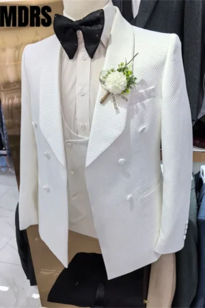 Elegant Jacquard Men's Suit set For Formal Office Classic Single Breasted Suit Handsome White Wedding Suit Host Suit